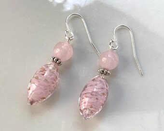 Fabulous pink Murano glass earrings, pink sommerso earrings, Venetian glass bead earrings, long earring, drop earring, dangle earrings