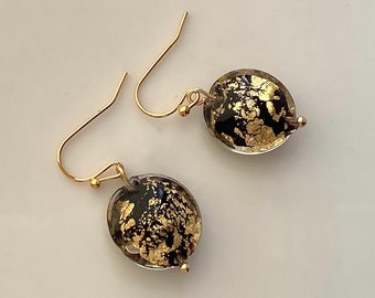 Disc earrings, gold earrings, black earrings, genuine Murano glass earrings, glass earrings, 18K gold foil, Valentine gift