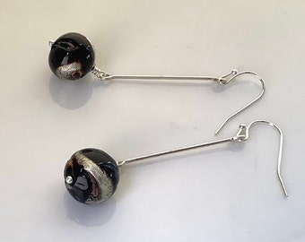 Genuine Murano glass earrings, Venetian glass earrings, black and silver glass earrings, dangle earrings, round earrings, unique earrings