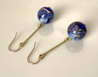 Blue and 24kt gold foil Murano glass earrings, blue ocean earrings, Venetian glass earring, mare bead earrings Christmas gift idea