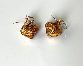 Gold earrings, genuine Murano glass earrings, glass bicone earrings, 18K gold foil, geometric earrings