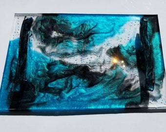 Handmade Oval Shaped Resin Cheese Board Serving Dish Tray Resin Art Electric Blue Glow Beachy Ocean Waves Trays Platters Trays Elite1 Pl