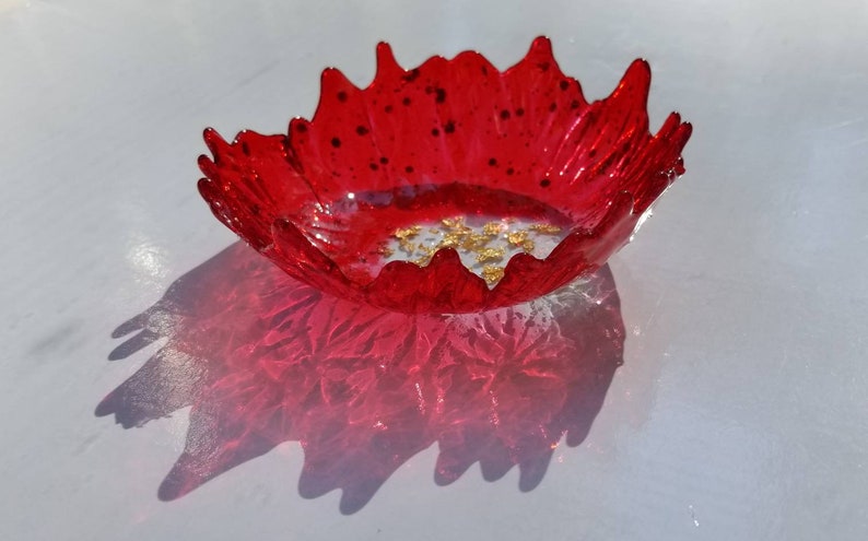 change Brilliant ruby red /& gold flake center handmade resin small ring dish for trinkets and jewelry