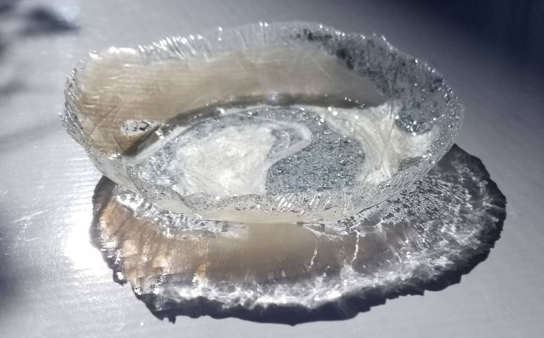 handmade small ring dish for trinkets and jewelry Pearl white shimmer with silver flakes in clear resin swirl change