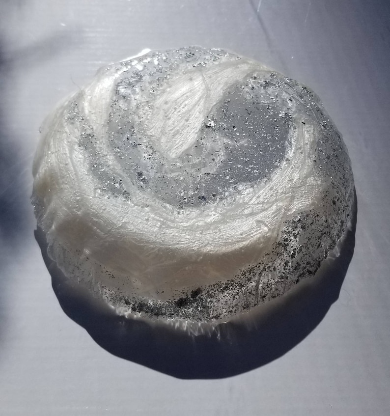 handmade small ring dish for trinkets and jewelry Pearl white shimmer with silver flakes in clear resin swirl change
