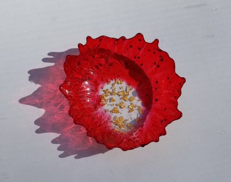 change Brilliant ruby red /& gold flake center handmade resin small ring dish for trinkets and jewelry