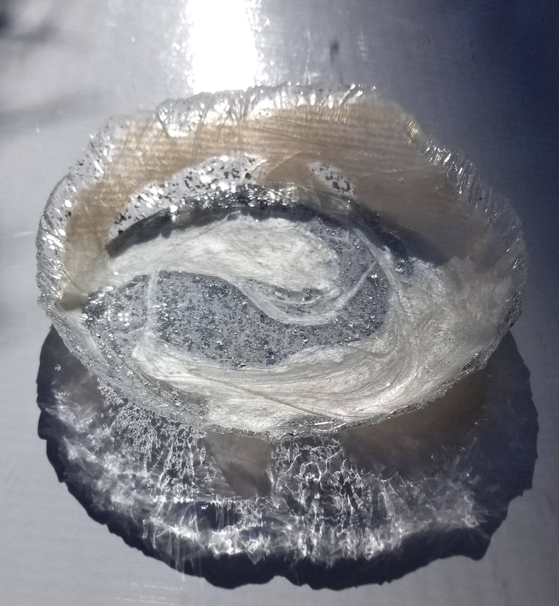 handmade small ring dish for trinkets and jewelry Pearl white shimmer with silver flakes in clear resin swirl change