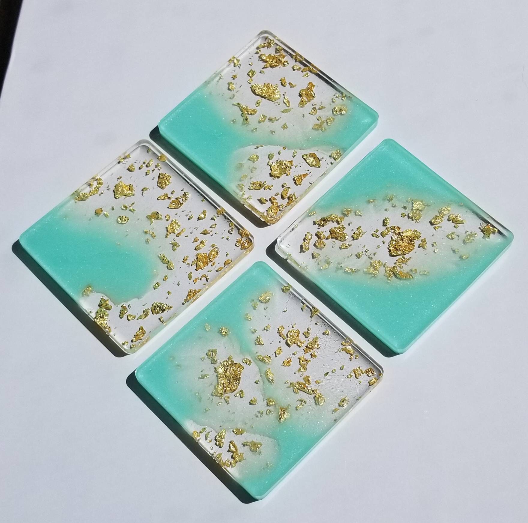 handmade set of 4\u00a0 Seafoam green and gold flake coaster