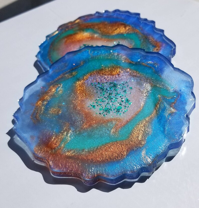 Peacock resin geode coasters handmade set of 2