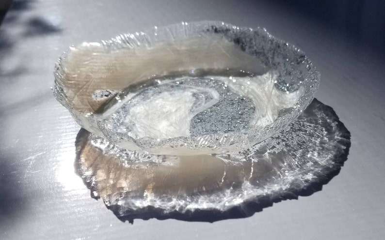 handmade small ring dish for trinkets and jewelry Pearl white shimmer with silver flakes in clear resin swirl change