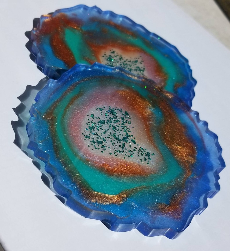 Peacock resin geode coasters handmade set of 2
