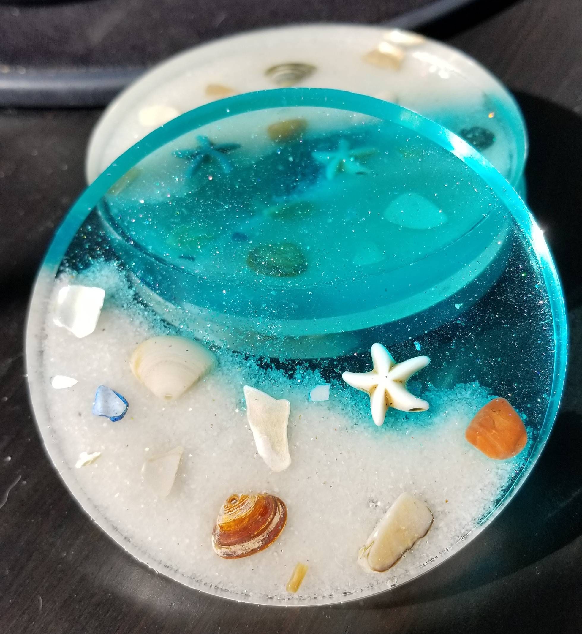 Ocean beach resin coasters with semiprecious stone starfish handmade