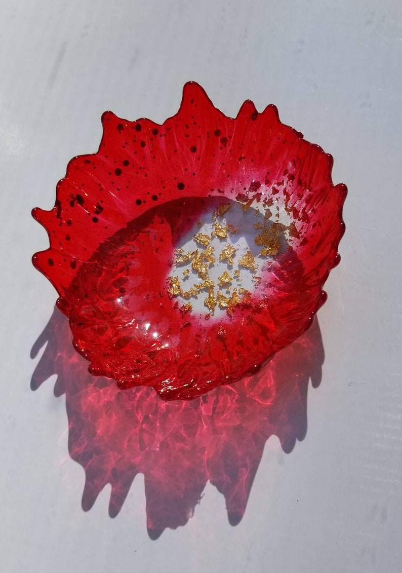 change Brilliant ruby red /& gold flake center handmade resin small ring dish for trinkets and jewelry
