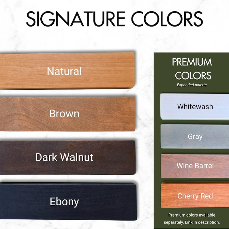 a collection of different colored hardwood planks, each labeled with its corresponding color. The planks are arranged in a row, with the natural color being the first, followed by the premium colors: Premium colors available separately, link in description.