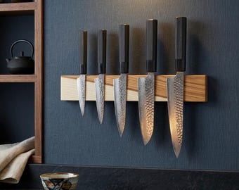 Hickory Magnetic Knife Rack | Damascus Knife Display | Bold Grain | Custom Length