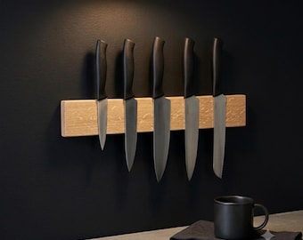 Oak Magnetic Knife Rack | Modern Dark Kitchen | Light Wood Contrast | Custom Size