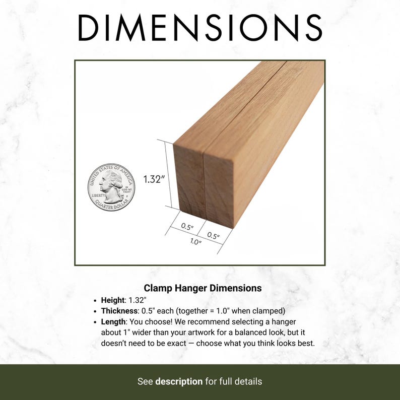 a wooden clamp hanger with dimensions provided in inches. The clamp hanger is 1.32" tall and 0.5" wide, with a length of 1.0" when clamped. The image also includes a quarter as a reference for scale.