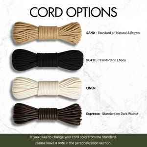 four different types of cord options: Sand, Slate, Linen, and Espresso, each with a corresponding color.