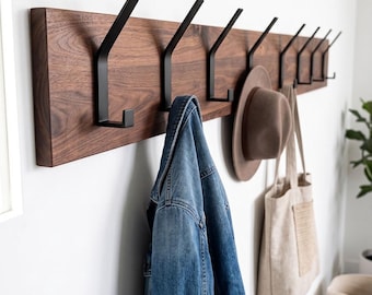 Modern Hardwood Coat Rack with Matte Black Hooks - Custom Lengths