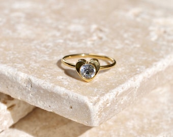 Gold Heart CZ Ring, Winged Heart Ring, Angel Heart Ring, Crystal Heart Ring, Dainty CZ Ring, Minimalist CZ Ring, Solitaire Ring, Stacking
