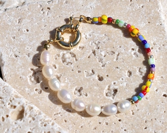 Pearl Bead Bracelet, 14k Gold plated Clasp, Delicate Dainty Bracelet, Colorful Bead, Summer Boho Trendy, Half Pearl Bead, Freshwater Pearl