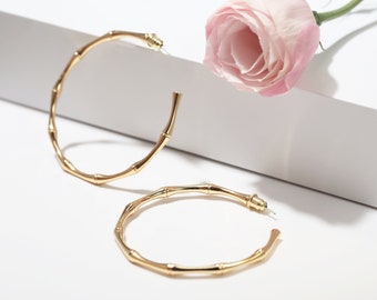 18k Gold Filled, Dainty Bamboo Hoop Earrings-Thick Gold Hoops-Huggie Hoops-Gold Statement Hobo Earrings-Minimalist Jewelry-Gift For Her-
