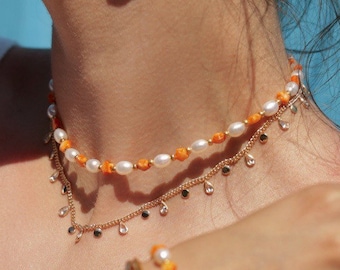 Freshwater Pearl Star Shell Beaded Necklace, Star Seashell Bead, Beach Choker, Boho Necklace, Natural Pearl Necklace, Layering Necklace