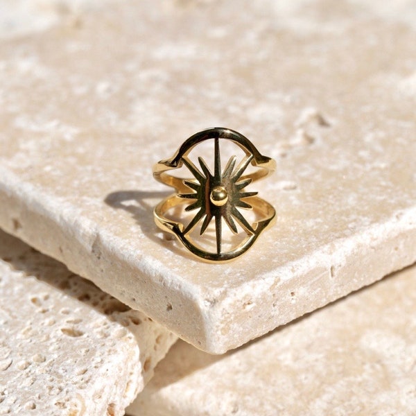 Gouden zonnering, Sunburst-ring, hemelring, statementring, ISOBEL-RING, trendy ring, gouden schijfring, spikering, gebogen ring, sierlijke ring