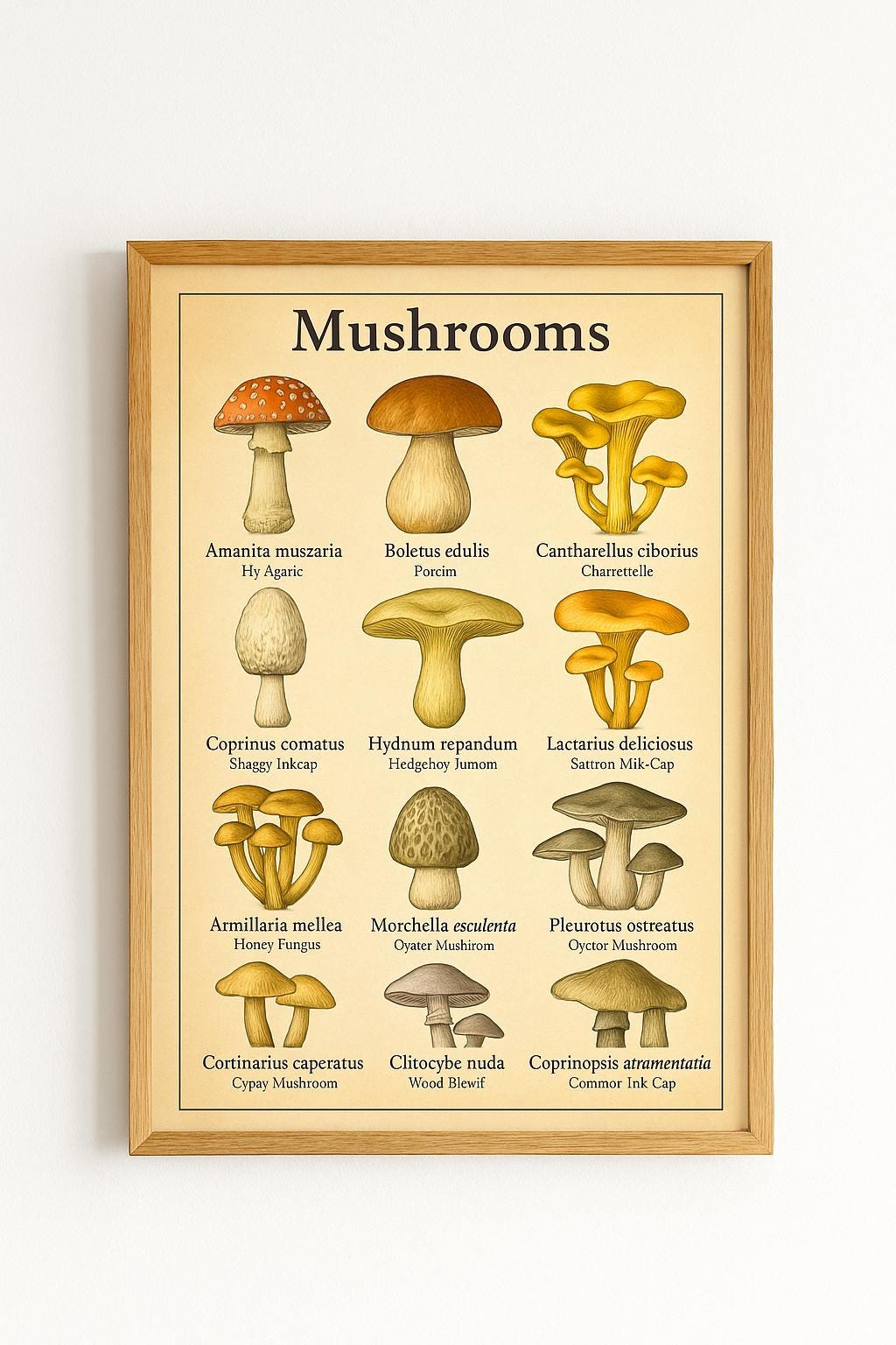 Vintage Mushroom Identification Chart Botanical Wall Art Poster