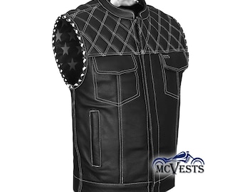 Diamond Quilted Motorcycle Club Vest, USA Flag Liner & CCW Pockets Mens Leather Motorbike Vest
