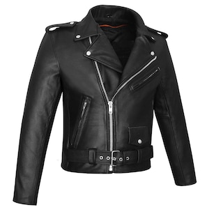 May include: A black leather motorcycle jacket with a classic asymmetrical zip closure. Features include a notched collar, shoulder epaulets, multiple zippered pockets, and a belt at the waist. The jacket has a smooth, glossy finish.
