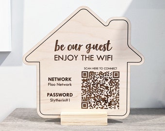 WOOD Wifi Password Sign / Personalized QR Code Wifi Network Sign for Guests, Airbnb, Beach Rental House