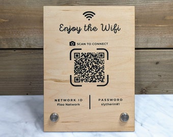 Wifi QR Code Wood Sign - 5x7" Tabletop Sign for Guestroom, AirBnB, Office, Rental, Hotel