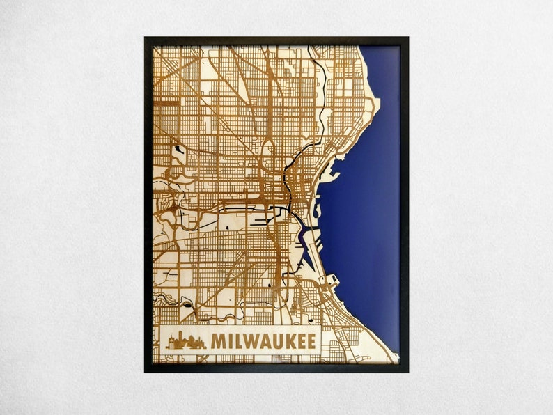 Milwaukee 3D Wood & Acrylic City Streets Map Modern Minimalist Wooden WI 11x14 Wall Art image 1