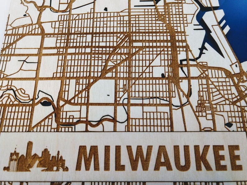 Milwaukee 3D Wood & Acrylic City Streets Map Modern Minimalist Wooden WI 11x14 Wall Art image 2