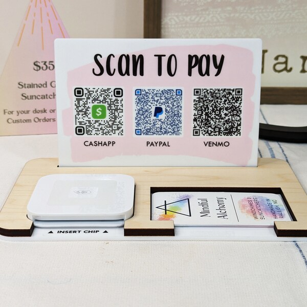 Market Payment Center for Square Reader / QR Code Scan to Pay Sign / Tap and Pay Dock / Card Cash Acceptance Sign and Business Card Holder