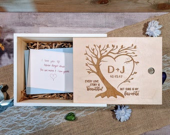 Rustic Wood Memory Box / Memento Box / Card Box / Whitewashed & Engraved Wood Storage Box with Personalized Slider Lid