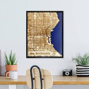 Milwaukee 3D Wood & Acrylic City Streets Map Modern Minimalist Wooden WI 11x14 Wall Art image 6