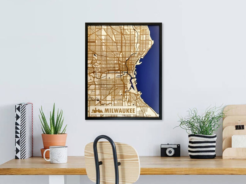 Milwaukee 3D Wood & Acrylic City Streets Map Modern Minimalist Wooden WI 11x14 Wall Art image 6