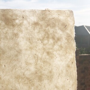 Puede incluir: Primer plano de una hoja de papel hecho a mano con una superficie texturizada y fibrosa. El papel es de color beige claro y tiene un aspecto natural y r&uacute;stico.