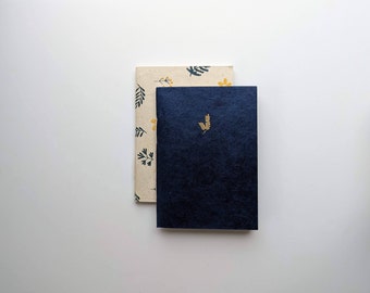 Cuadernos de papel hechos a mano (2 libros) / Azul índigo sobre beige / Tapa blanda, diario cosido a mano, cuaderno en blanco, diario de viaje, Lokta