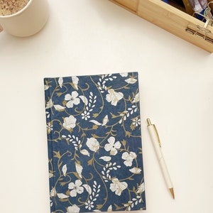 Handmade paper notebook | White & Gold Flowers on Blue | Hard Cover, Hand stitched journal, Travellers Journal, Floral Journal, Gift for her