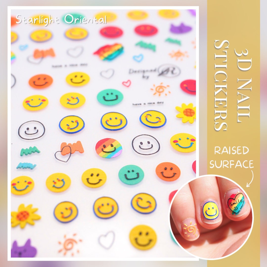 Rainbow Yellow Smiley Face 3D Nail Stickers Cute Emoji Cat 