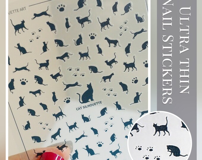Cat Silhouette Nail Sticker, Black Cat Nail Decal Sticker, Cat Sticker