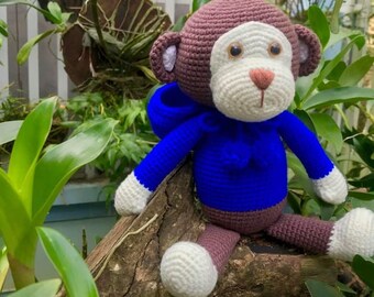 Virkad apa docka, Apa i huvan, Amigurumi apa, Gosedjur, Apa plysch, Lillfingerad apa, Handgjord apa, Gosedjur plysch