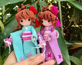 確認用　手編みカラフル人形 あみぐるみ 日本の着物 ヴィンテージ ガール、かぎ針編みの着物人形