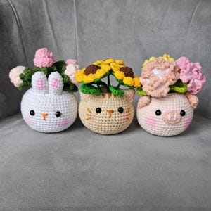 Flower Animal Pots Crochet, Crochet Animal Pot Amigurumi, Cat Pot, Bunny Pot, Pig Pot