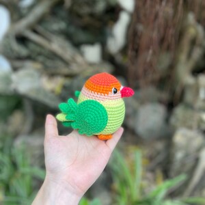 May include: A crocheted stuffed bird with green, orange, and yellow colors. The bird is sitting in a person's hand.