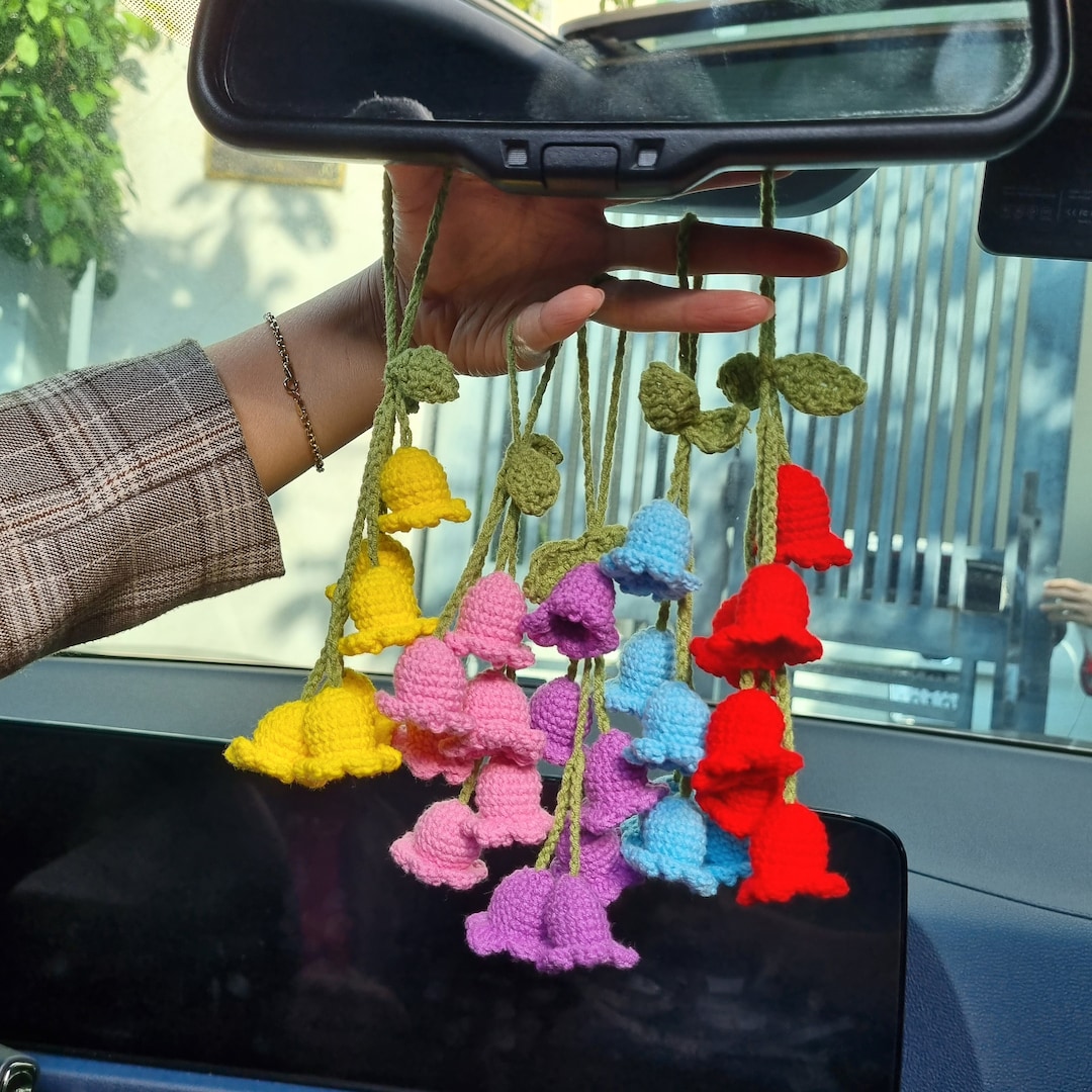 Crochet Lily Car Mirror Hanging, Crochet Flower Car Accessories, Rear