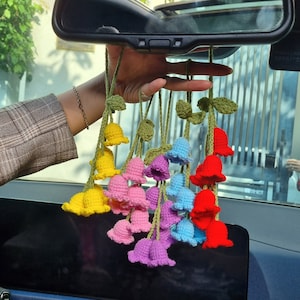 Crochet Lily Car Mirror Hanging, Crochet Flower Car Accessories, Rear View Mirror Flower, Car Plant Decor, Flower Car Charm